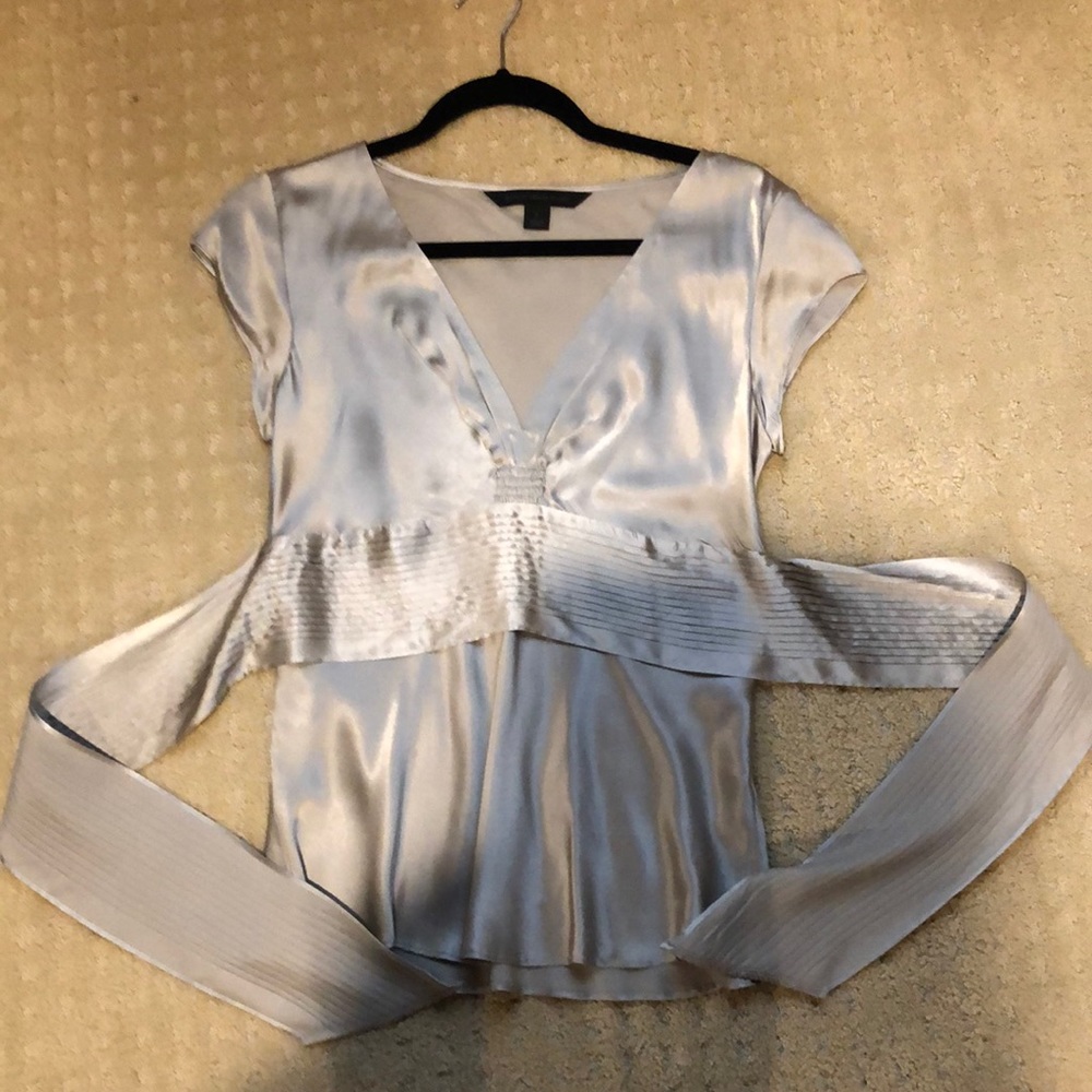 Silver silk sleeveless blouse with wraparound sash